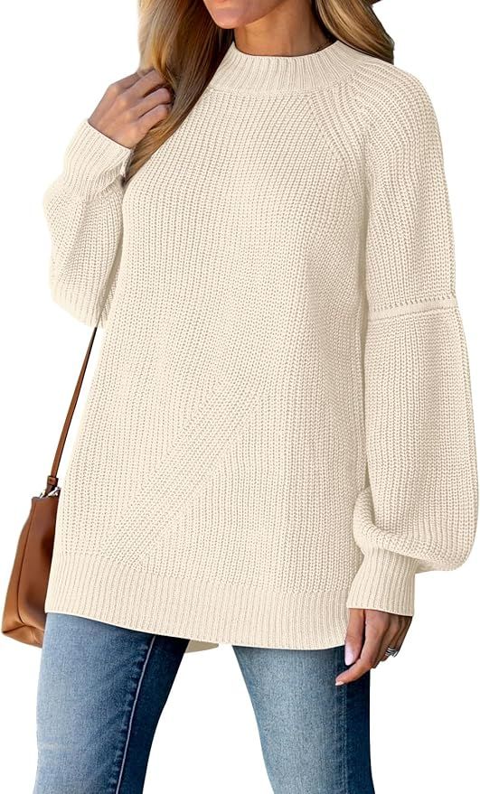 XIEERDUO Womens Balloon Sleeve Mock Neck Casual Sweaters Fuzzy Knitted Pullvoer Sweater Warm | Amazon (US)