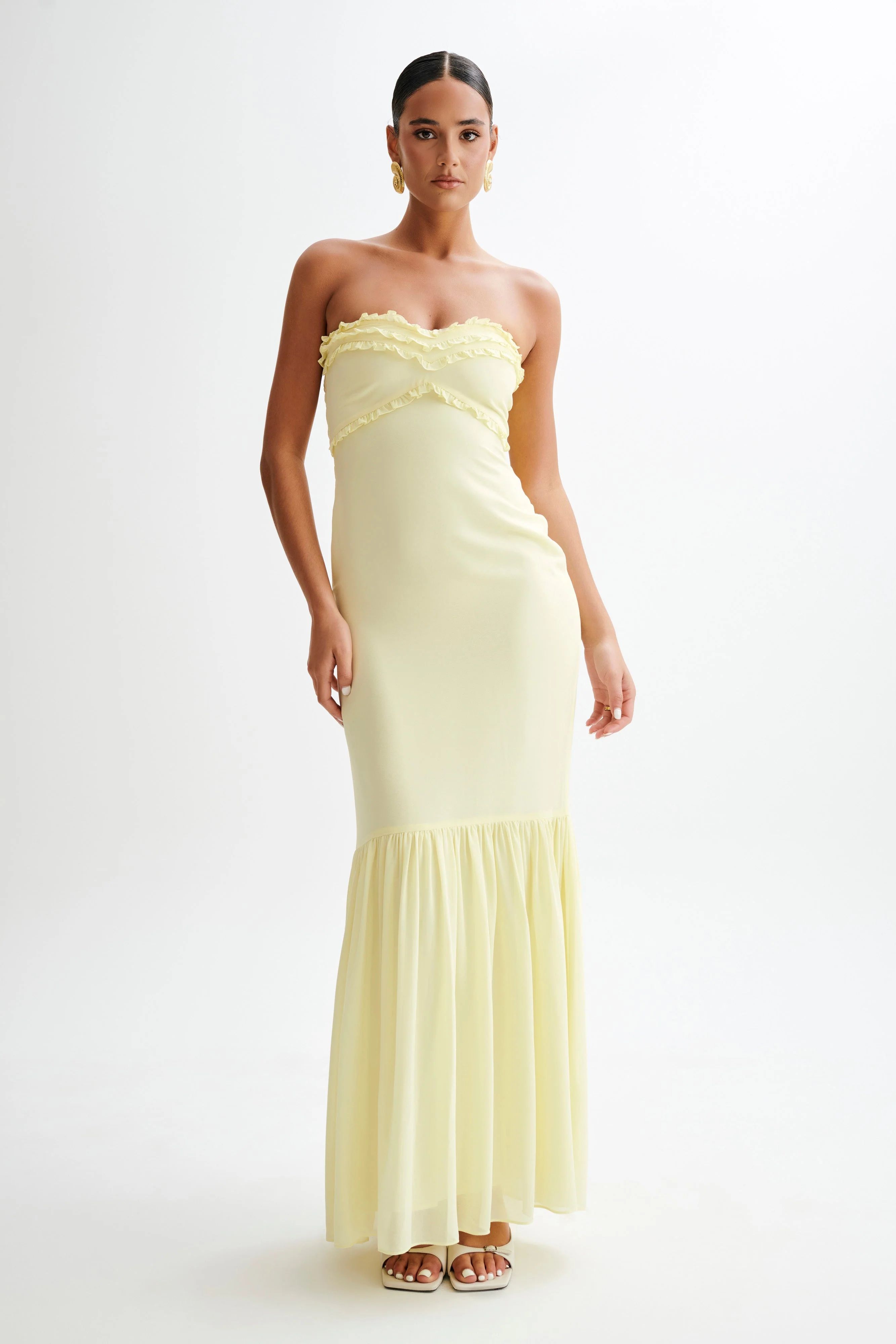 Olivette Strapless Chiffon Maxi Dress - Lemon Sherbet | MESHKI US