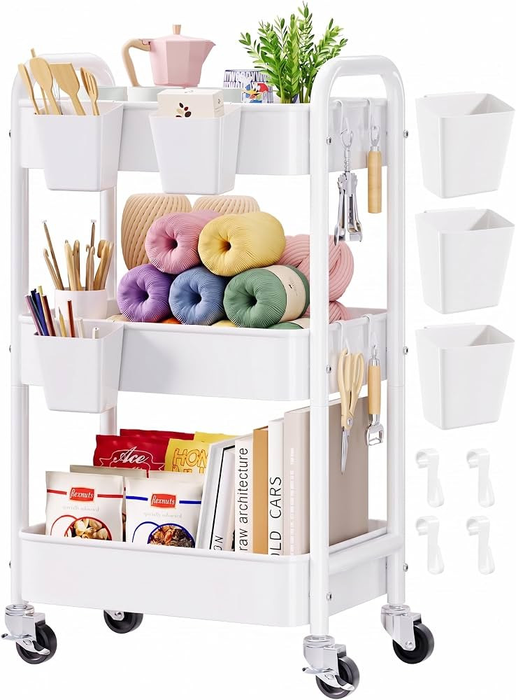 3 Tier Rolling Cart Metal with Wheels, White Three Tiered Carts on Wheels | Amazon (US)