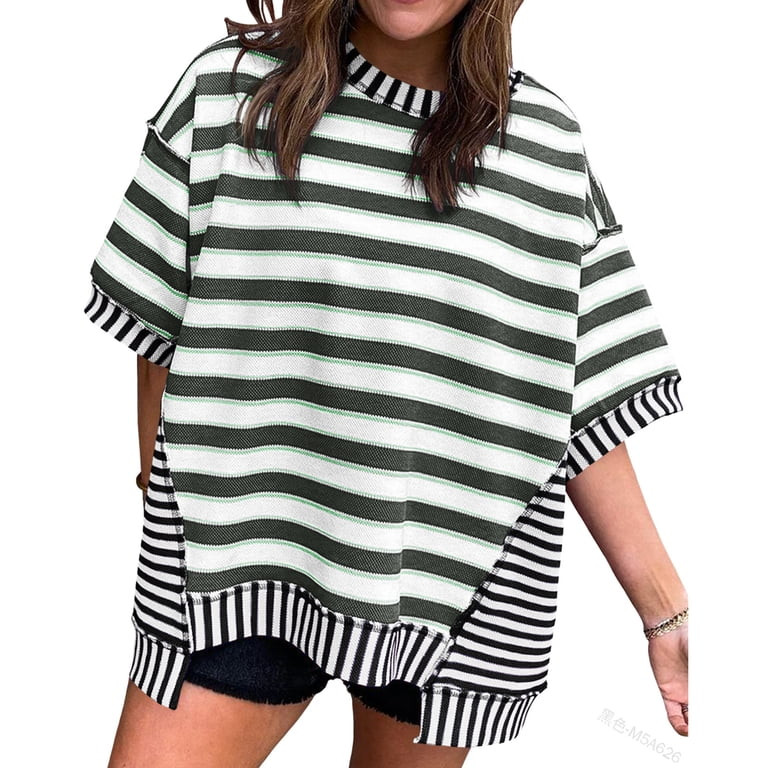 Short Sleeved Oversized Loose Striped Print Casual Knit Pullover Tops | Walmart (US)