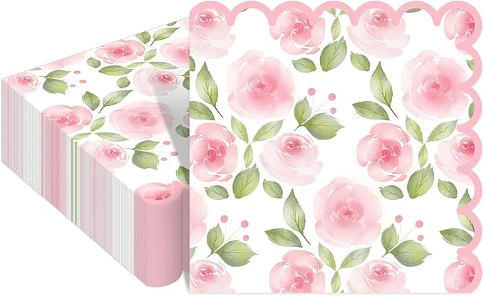 Whaline 100Pcs Spring Floral Cocktail Napkin Pink Rose Flower Scalloped Paper Napkin Disposable P... | Amazon (US)
