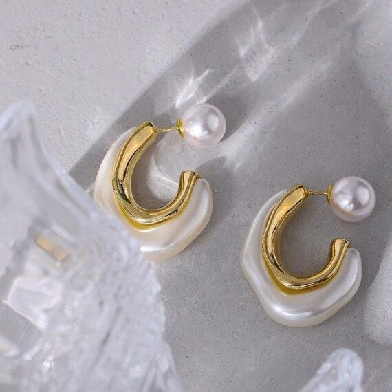 14k Gold plated sculptual hoop earrings in simulated shell | Etsy | Etsy (US)