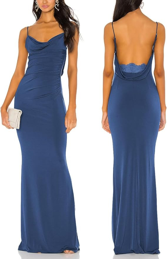 Aigeman Women Spaghetti Straps Mermaid Evening Gown Wedding Guest Dress Drape Neck Lace Backless ... | Amazon (US)
