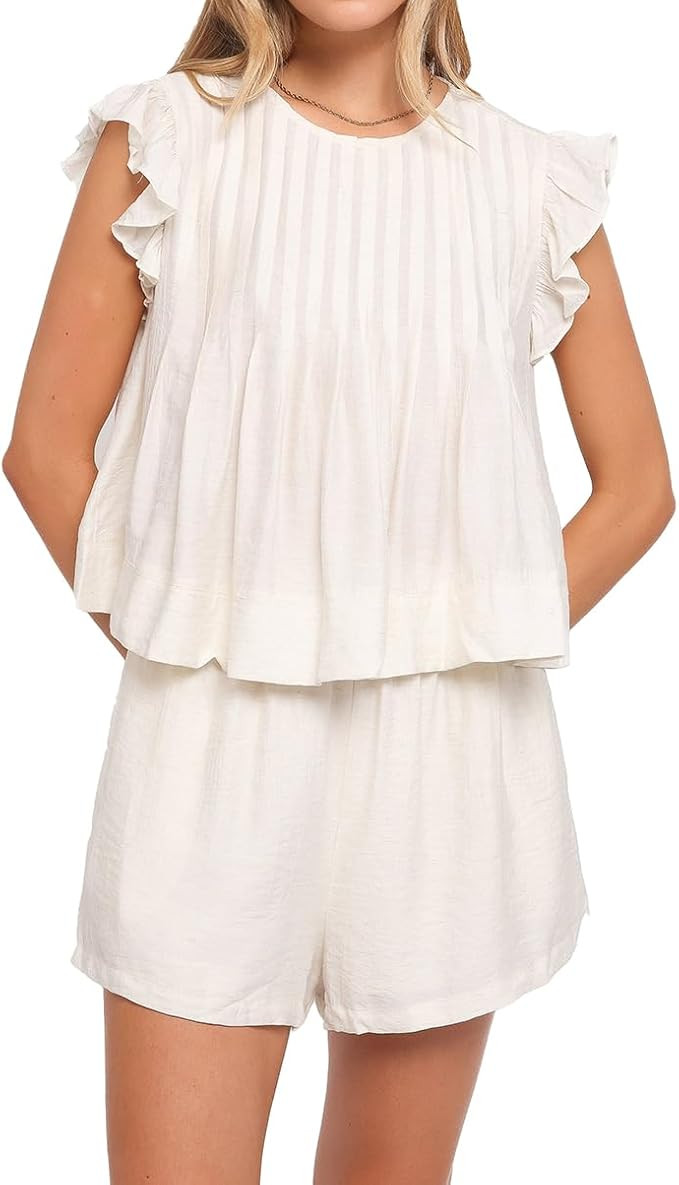 Women Fashion 2 Piece Outfits Summer Ruffle Sleeve Top And Casual Shorts Set Cotton Lounge Set | Amazon (US)
