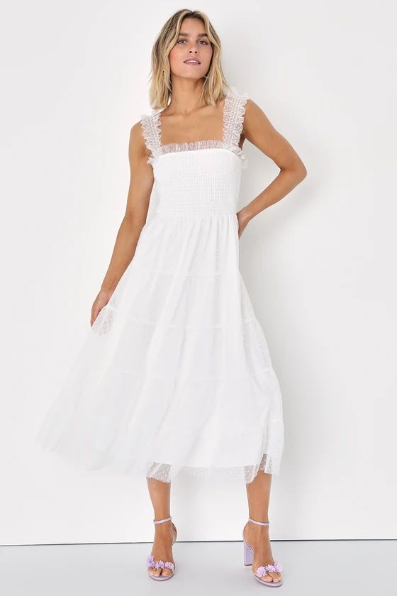 Darling Dancer White Swiss Dot Ruffled Tiered Midi Dress | Lulus (US)