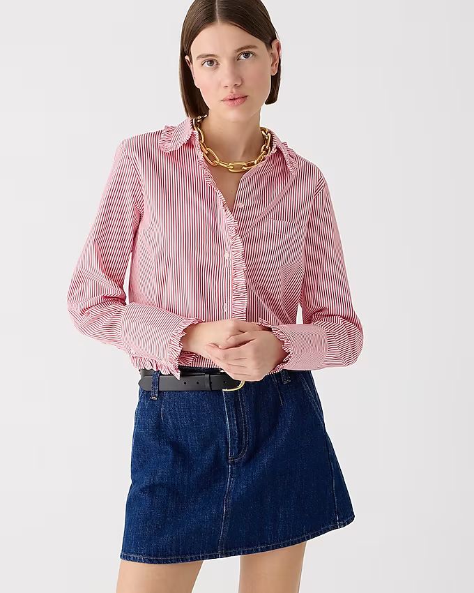 Ruffle-trim button-up shirt in striped cotton poplin | J.Crew US