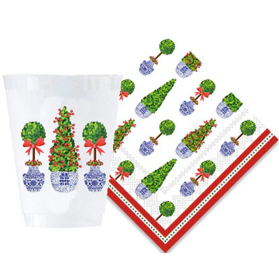 Bundle: Christmas Topiaries Shatterproof Cups Cocktail Napkins | WH Hostess Social Stationery