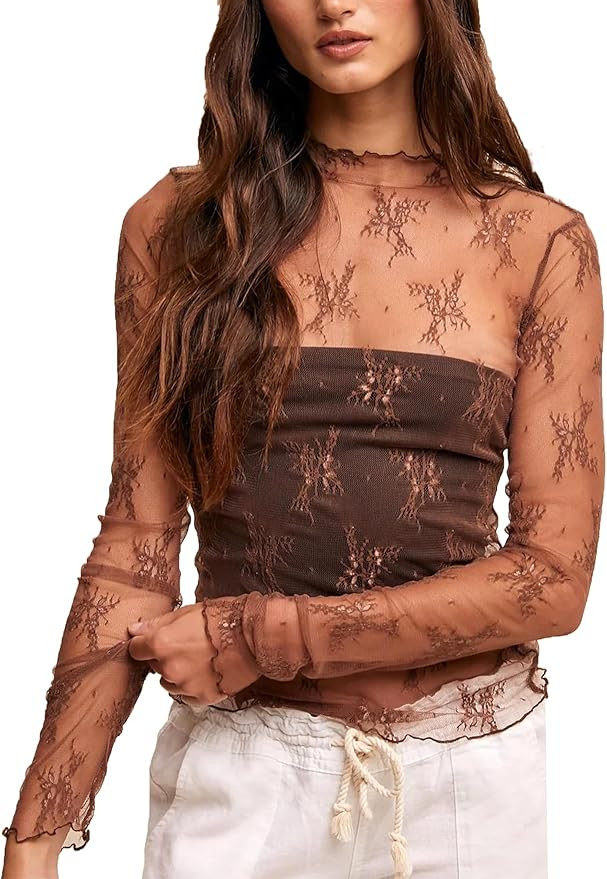 Lace Tops for Women Long Sleeve Mock Neck Mesh Top Sexy Sheer Shirts See Through Floral Blouses | Amazon (US)
