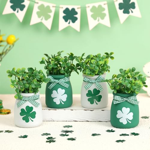 St Patricks Day Tiered Tray Decorations - 4 PCS Mini Mason Jars with Artificial Shamrock, Decorative Jars Centerpieces for Home Table Mantel St Patricks Party Supplies, Green Spring Decor | Amazon (US)