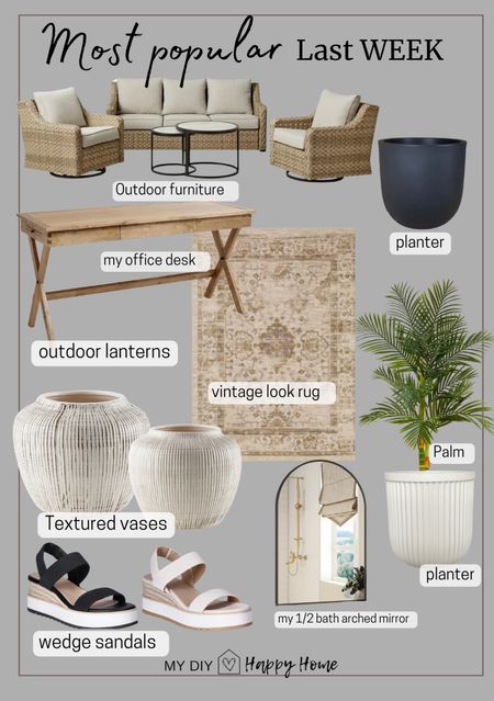Last weeks most liked and best sellers:

•my outdoor furniture 
•black planter
•palm tree
•white fluted planter 
•my office desk
•vintage look neutral rug in my office 
•textures vases, two sizes 
•wedge sandals 
•my 1/2 bath arched mirror 

#LTKSeasonal #LTKfamily #LTKhome