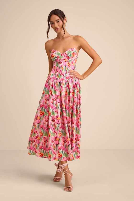 Francena Pink Multi Floral Bustier Midi Dress | Lulus