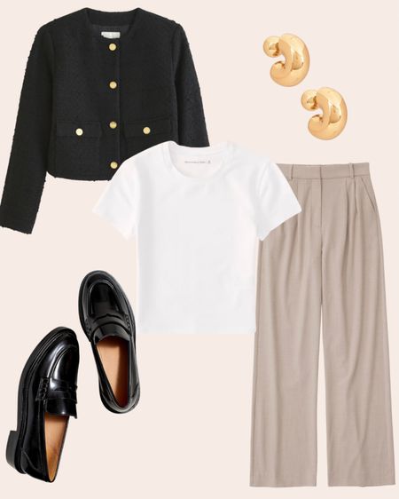 Work Outfit Inspo Business Casual 

Collarless Tweed Jacket

Essential Baby Tee

A&F Sloane Lightweight Tailored Pant

The Vernon Loafer

Tome Medium Hoop Earrings in Gold
Jenny Bird

#LTKstyletip #LTKU #LTKworkwear