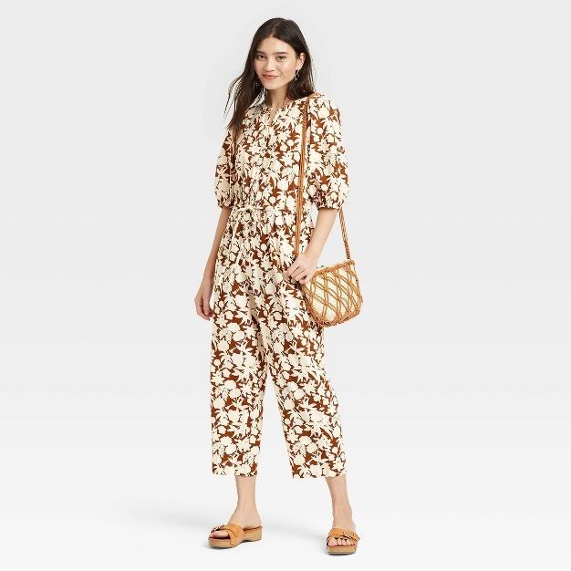 Women's Puff 3/4 Sleeve Jumpsuit - Universal Thread™ Brown Floral | Target