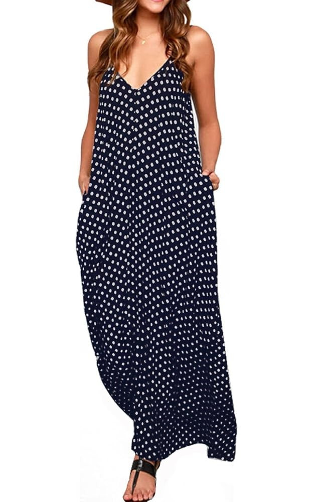 LILBETTER Women V-Neck Polka Dot Print Spaghetti Strap Boho Long Maxi Dresses | Amazon (US)