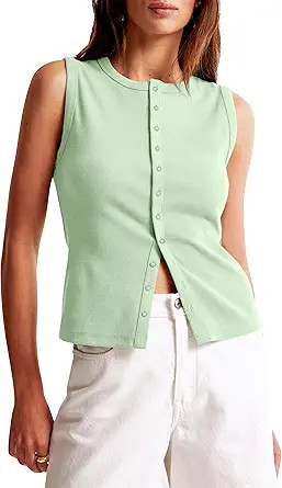 Cioatin Women Ribbed Button Down Tank Tops Sleeveless Crew Neck Slim Fit Open Front Crop Vest Goi... | Amazon (US)