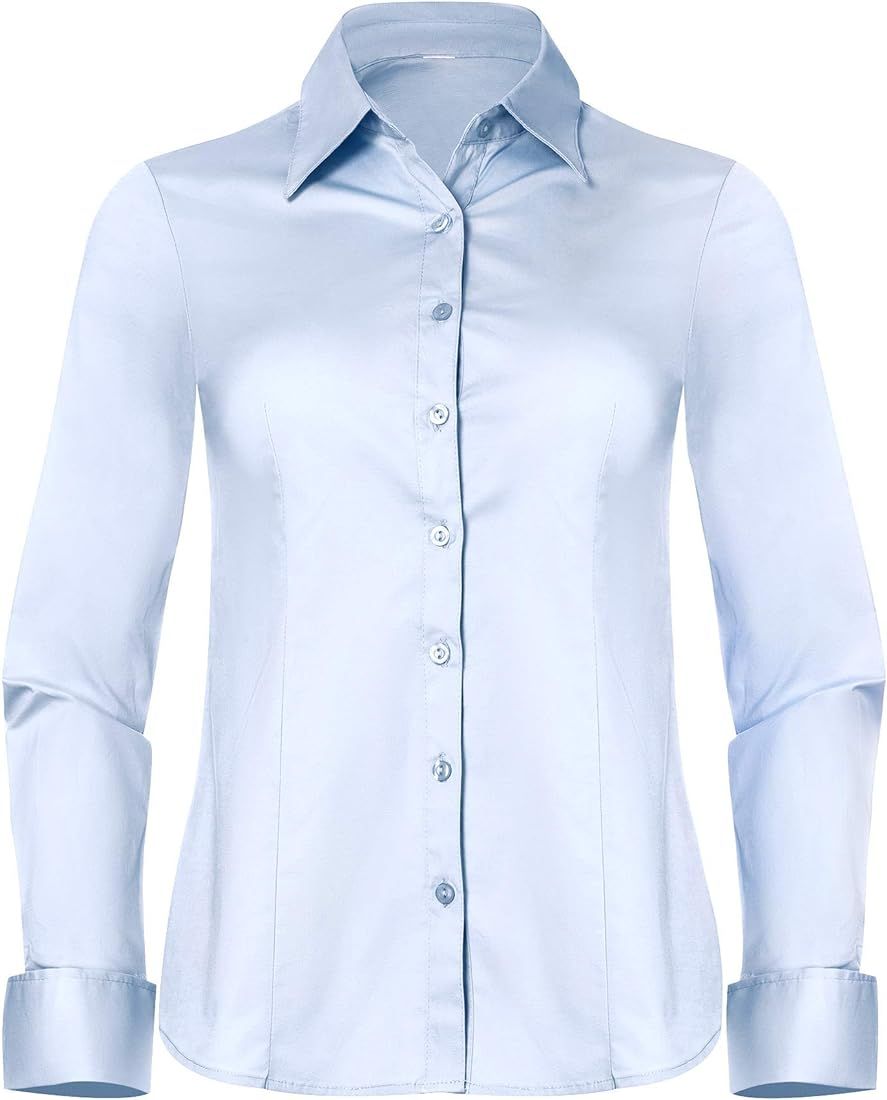 PIER 17 Button Down Shirts for Women, Fitted Long Sleeve Tailored Work Office Blouse | Amazon (US)