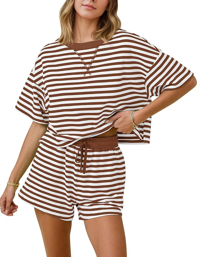 MISSACTIVER Womens Lounge 2 Piece Sets Summer Striped Matching Pajamas Set Short Sleeve Oversized... | Amazon (US)