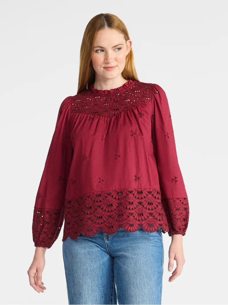 Time and Tru Women's Cotton Eyelet Blouse with Long Sleeves, Sizes XS-XXXL | Walmart (US)