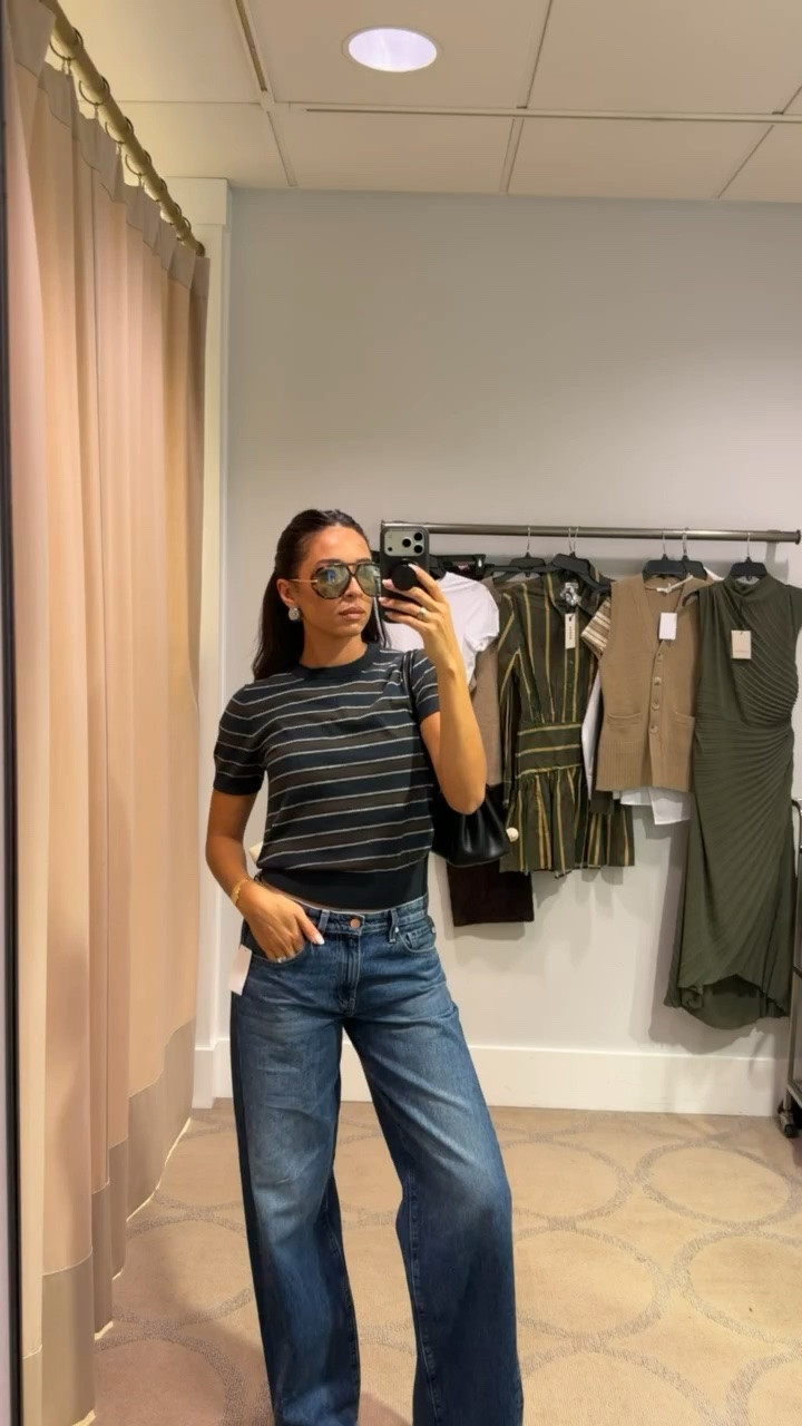 50% off stripe sweater t-shirt 🍁🍂 Wearing size S cotton & cashmere blend sweater t-shirt, low rise jeans (40% off - run big could size down) 

fall fashion, fall outfits, nordstrom sale, sale outfit, autumn outfits, casual outfit, casual chic outfit, ag jeans, designer jeans
