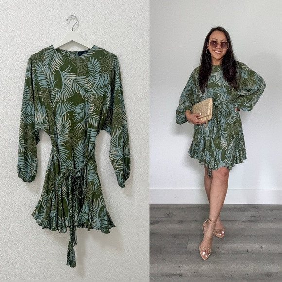 Multi Leaf Print Long Sleeve Tie-Belt Mini Dress (S) | Poshmark
