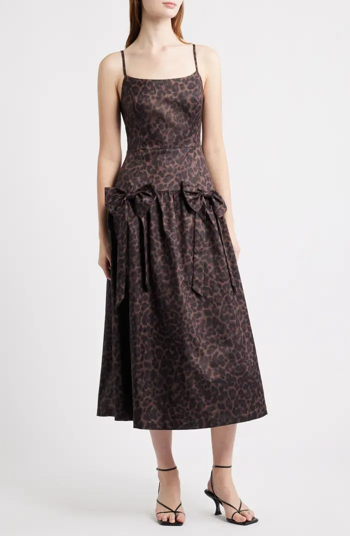 Leopard Bow Front Satin Midi Cocktail Dress | Nordstrom