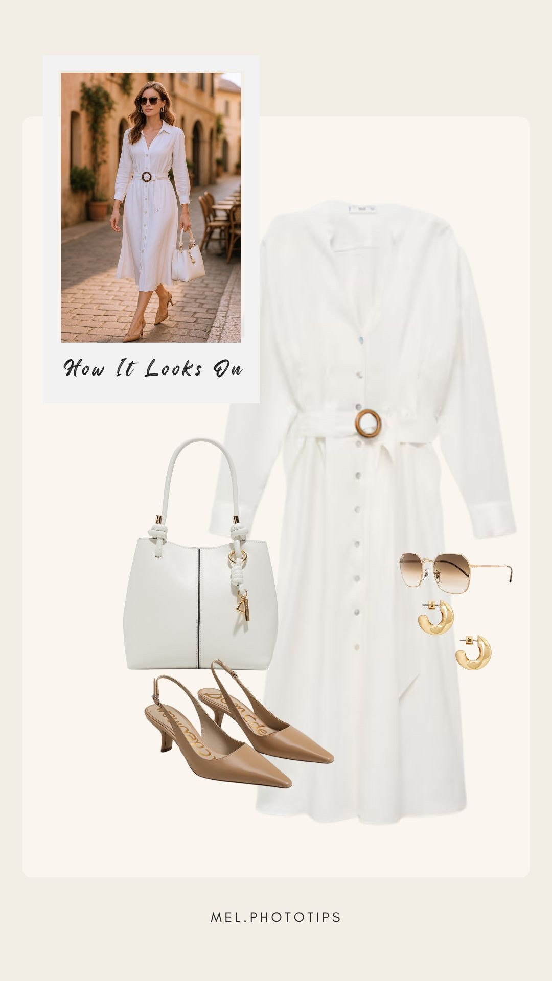 The white dress you’ll wear on repeat this season. Lightweight, belted, and so flattering. Paired with tan heels, gold jewelry, and a structured white tote for an elevated finish.
💡 Style it for brunch, vacation, or soft golden hour photos.
#SummerStyle #TimelessWardrobe #LTKunder150

#LTKStyleTip
