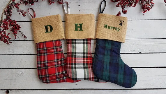 Plaid christmas stockings, family christmas stockings, tartan christmas stockings, burlap cuff st... | Etsy (US)