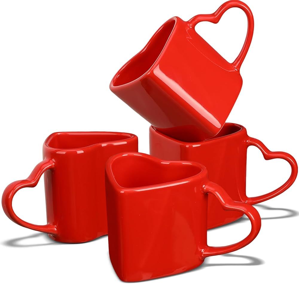 Domensi 4 Pcs Heart Shaped Ceramic Mugs, Red Valentine's Day Cute Cup Love Gift 8.8 oz Heart Deco... | Amazon (US)