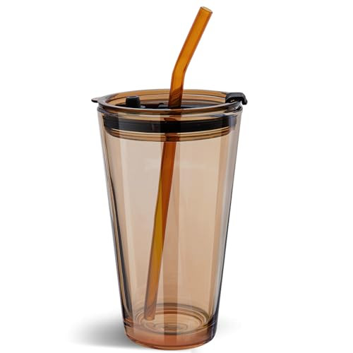 Olvini 15oz Glass Tumbler with Straw and Lid, Cute Iced Coffee Cups, Aesthetic Glass Cups, Coffee... | Amazon (US)