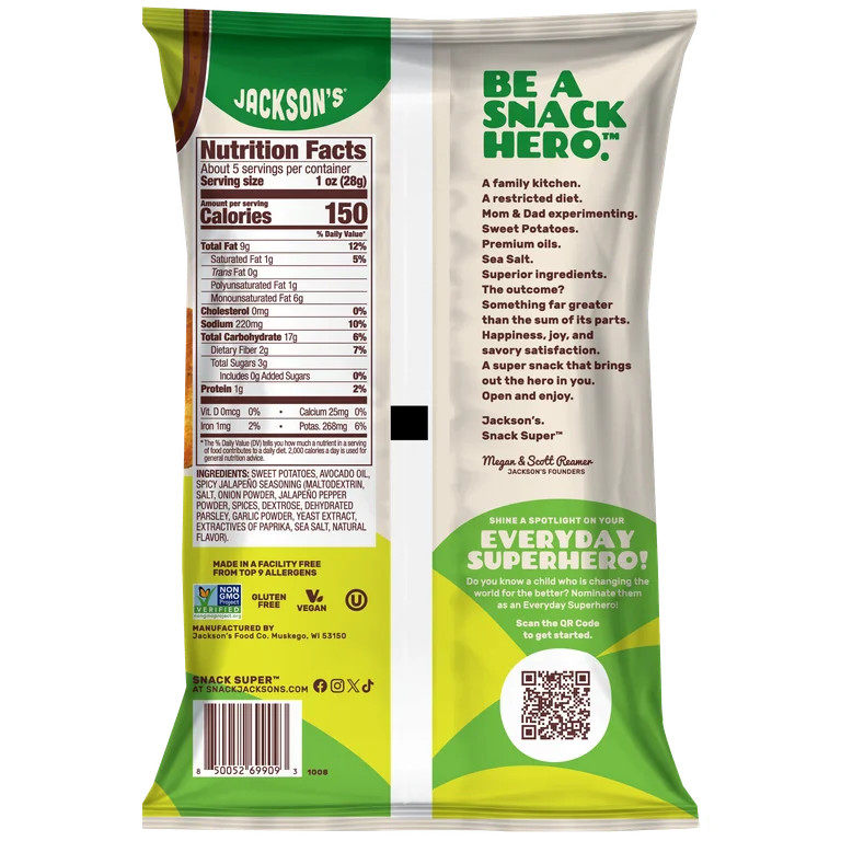 Jackson's Sweet Potato Spicy Jalapeno Chips, Avocado Oil, Free of Top 9 Allergens, Vegan, 5 oz | Walmart (US)