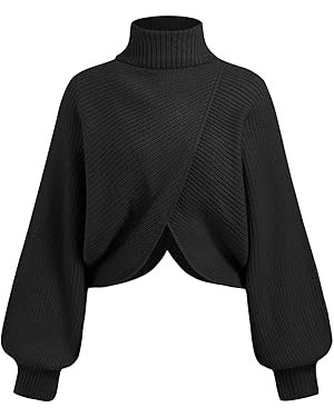 CIDER Cropped Sweaters for Women Turtleneck Sweater Long Sleeve Ribbed Knit Lantern Sleeve Pullov... | Amazon (US)