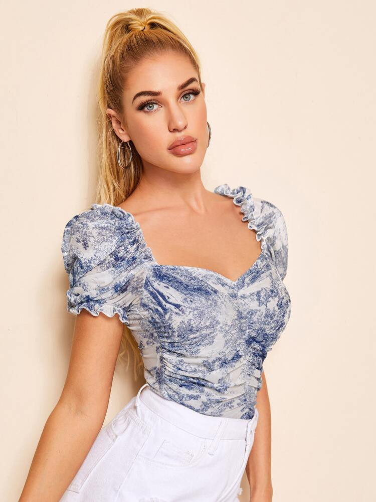 SHEIN Ruched Landscape Print Mesh Milkmaid Top | SHEIN