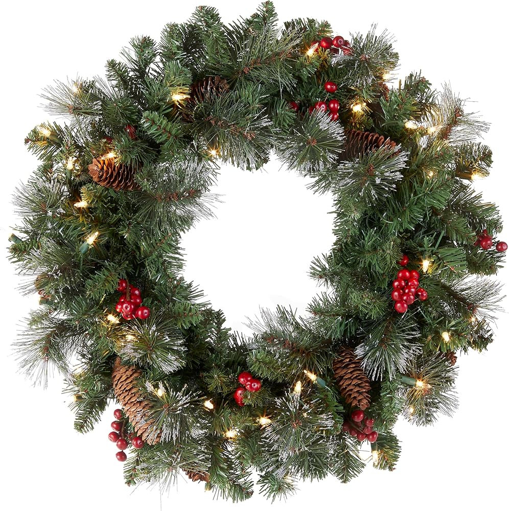 National Tree Company Pre-Lit Artificial Christmas Wreath, Green, Crestwood Spruce, White Lights,... | Amazon (US)