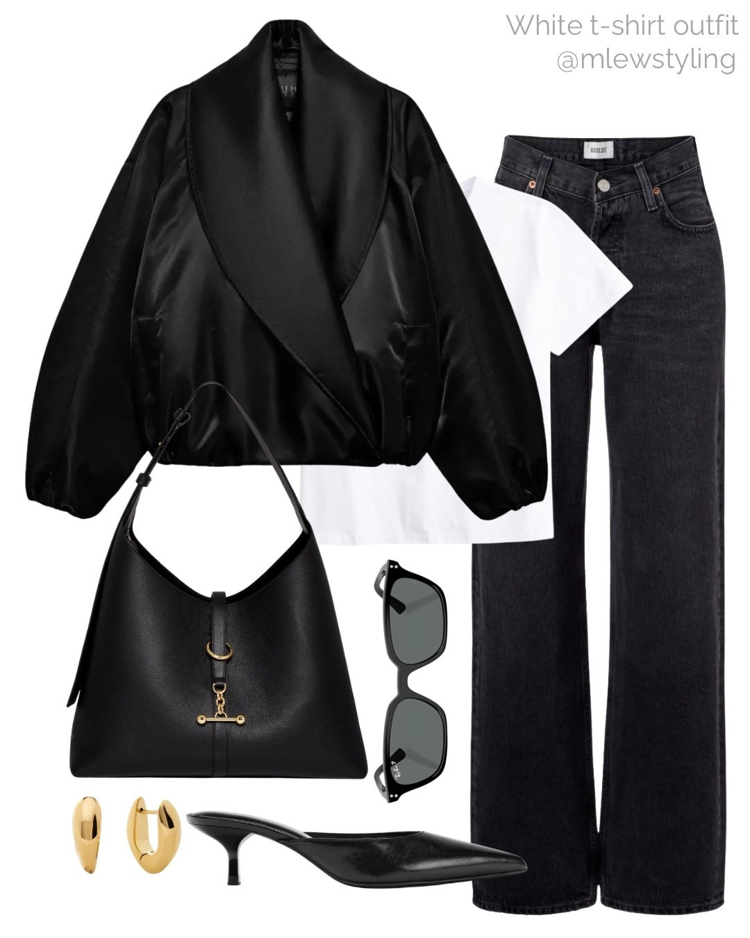 Elevated spring outfit 🤍

Tags: Zara black bomber, Abercrombie white tee, black denim, agolde jeans, strathberry leather bag, rayban sunglasses, gold earrings, neutral aesthetic, capsule wardrobe, slingback mules 

#LTKSeasonal #LTKootd #LTKgrwm