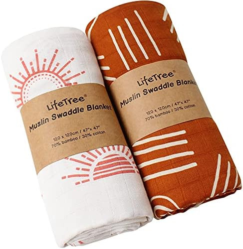 LifeTree 2 Pack Baby Swaddle Blankets - Soft Bamboo Cotton Muslin Swaddle Blankets - Earthy Color... | Amazon (US)