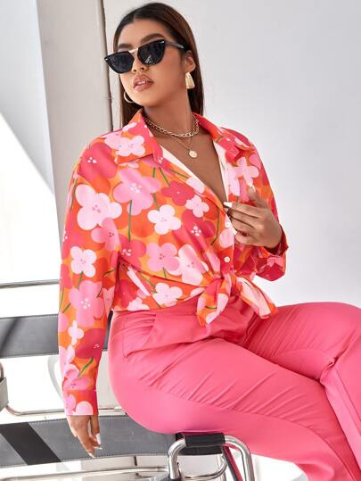 Plus Floral Print Button Front Shirt | SHEIN