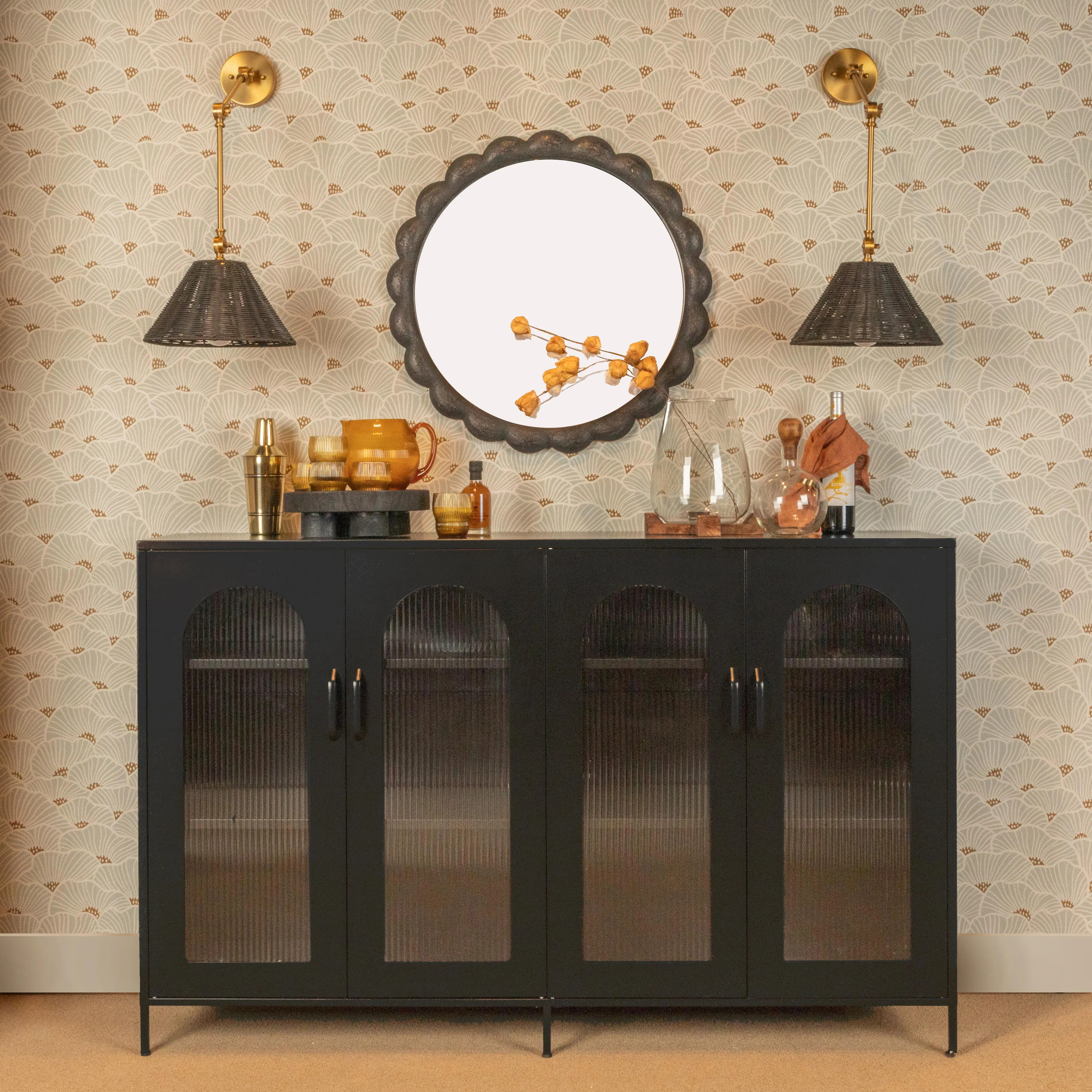 Storied Home Round Scalloped Wall Mirror, Black | Ashley