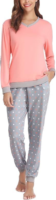 Women's Cotton Long Sleeve Pajamas Set Sleepwear Dot Pattern Bottom Lounge Nightgowns | Amazon (US)