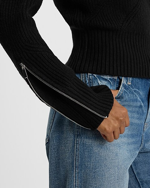 Ribbed Mock Neck Zipper Sleeve Sweater | Express