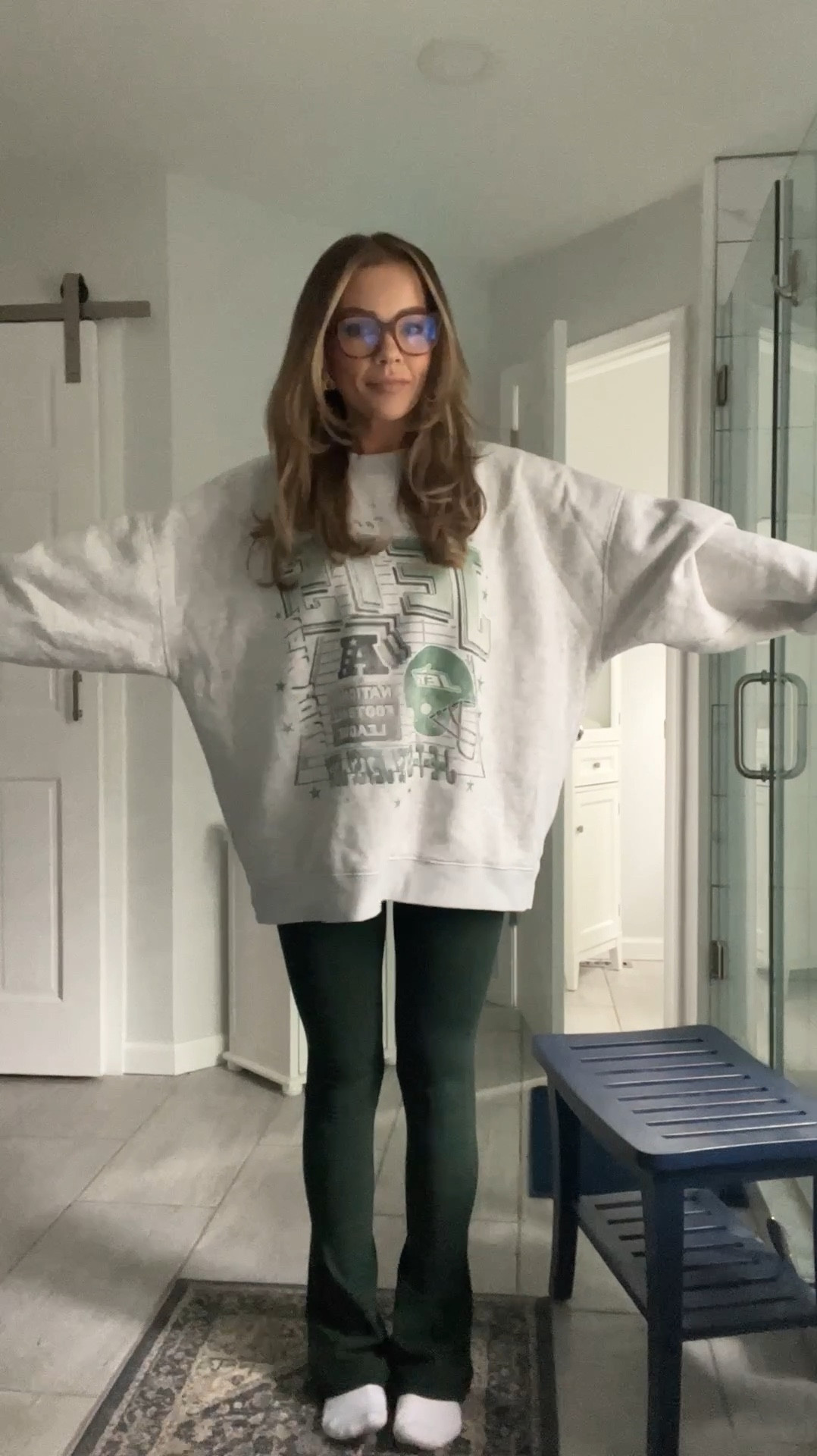 My go to fall outfit for lounging and errands. These are the BEST leggings. I have them in 4 colors + a few black. I love the flair with an ugg ultra mini, tazz, clogs or sneakers. Size XL in sweatshirt. Size 4R in pants. 

#LTKActive #LTKFindsUnder100 #LTKSeasonal