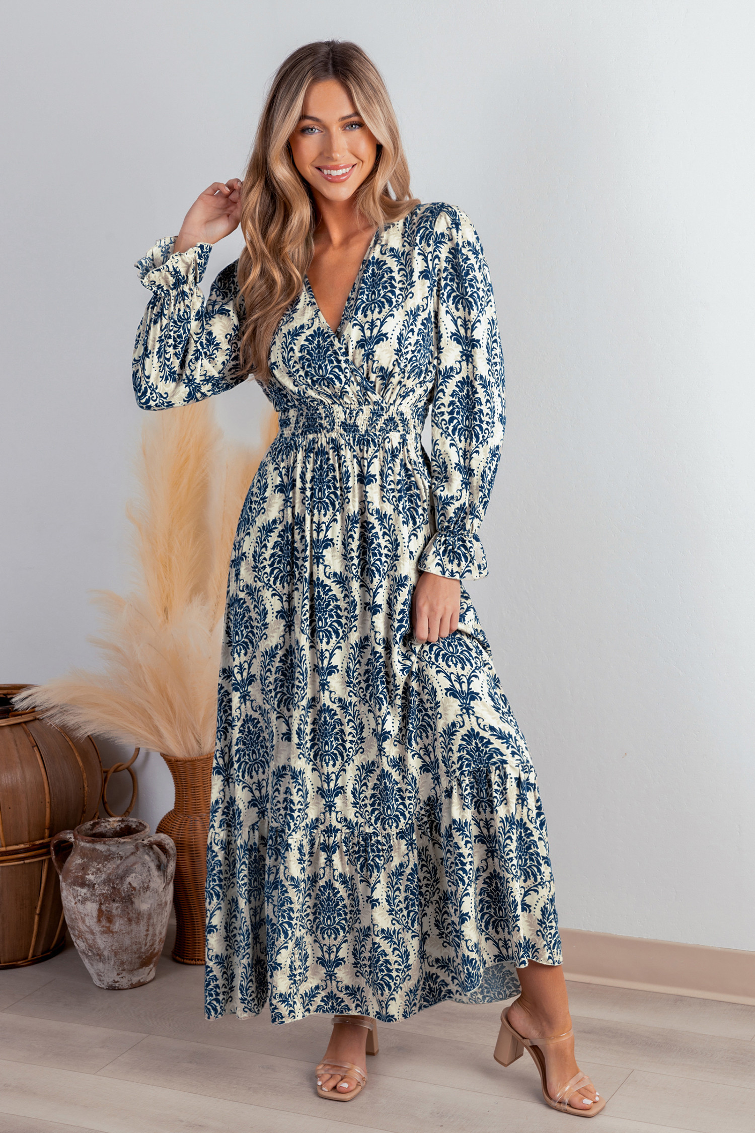Blue Damask Blouson Sleeve Ruffle Cuff Maxi Dress | Cupshe US