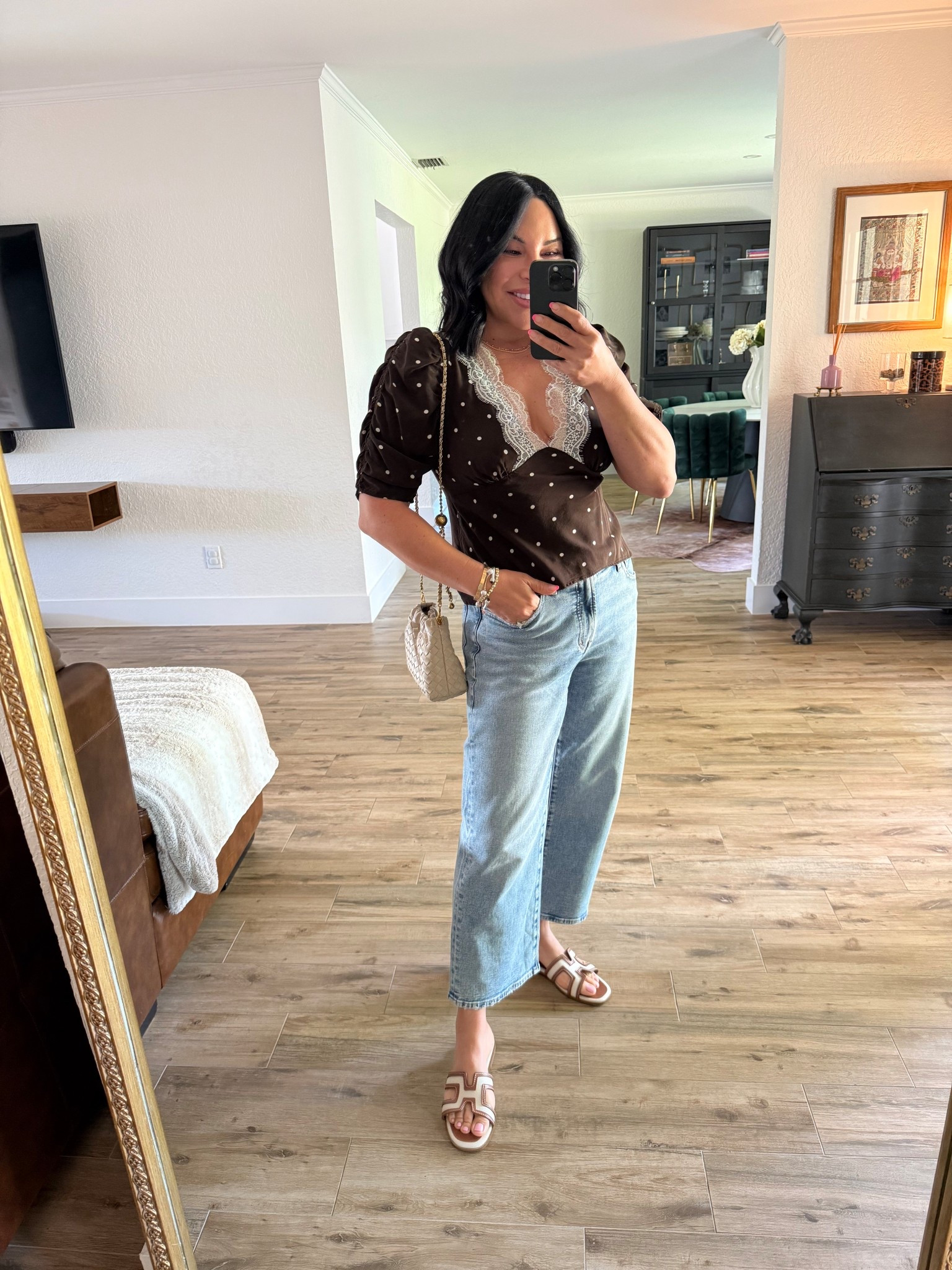 The cutest top!
#polkadots #jeans #sandals 

#LTKootd #LTKmomlife #LTKOver40