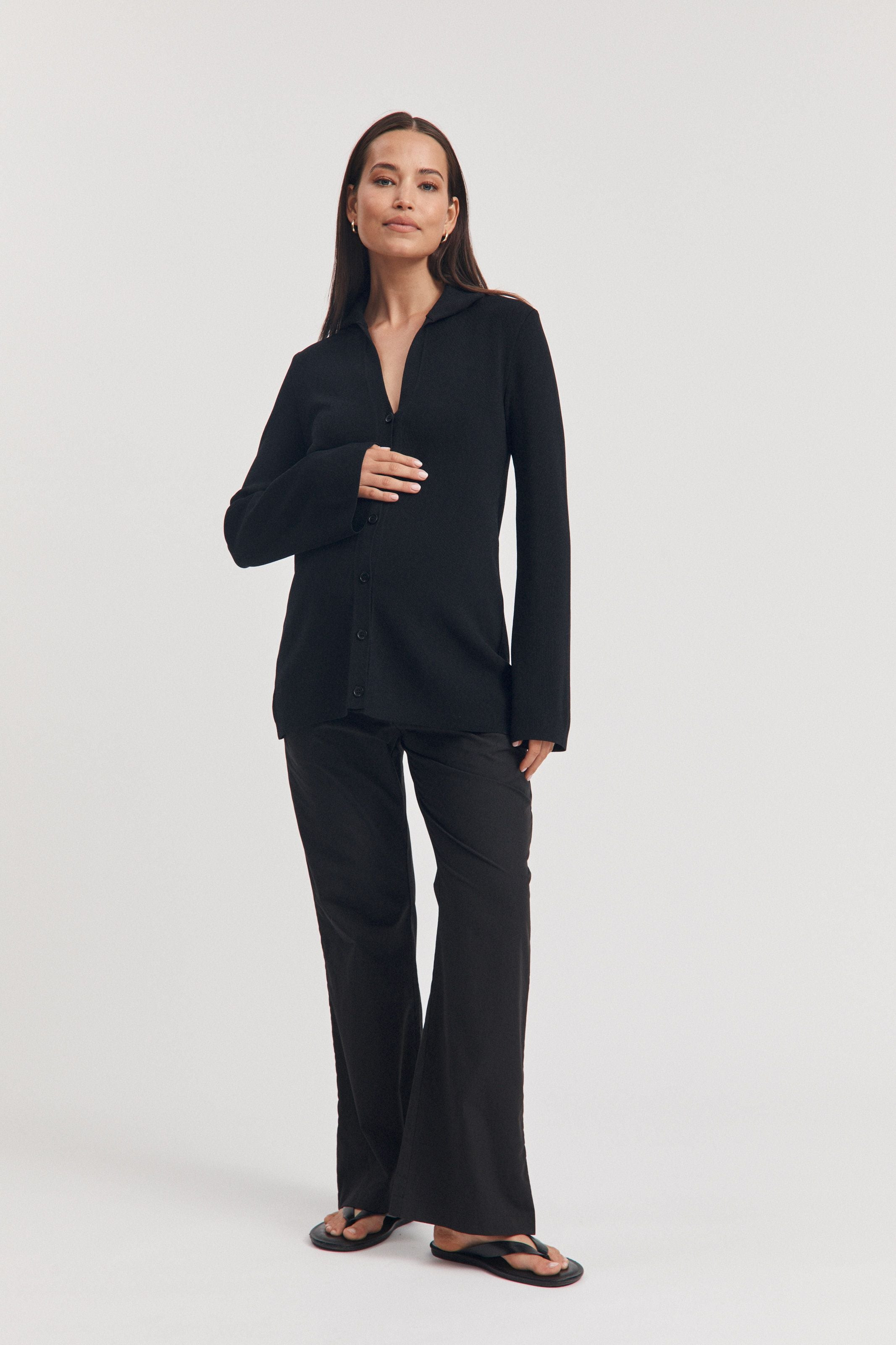Crepe Knit Button Top (Black) | Legoe Heritage Maternity APAC