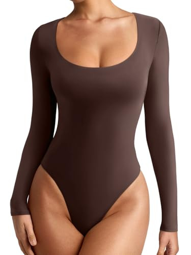 REORIA Women's Sexy Basic Scoop Neck Long Sleeve Double Lined Layering Slim Bodysuit Tops | Amazon (US)