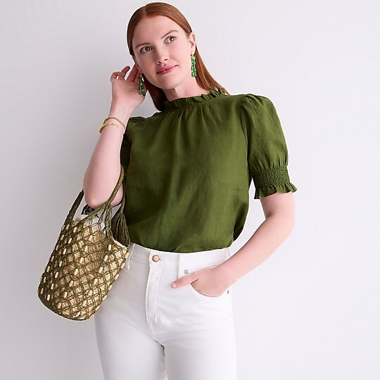 Smocked puff-sleeve linen top | J. Crew US