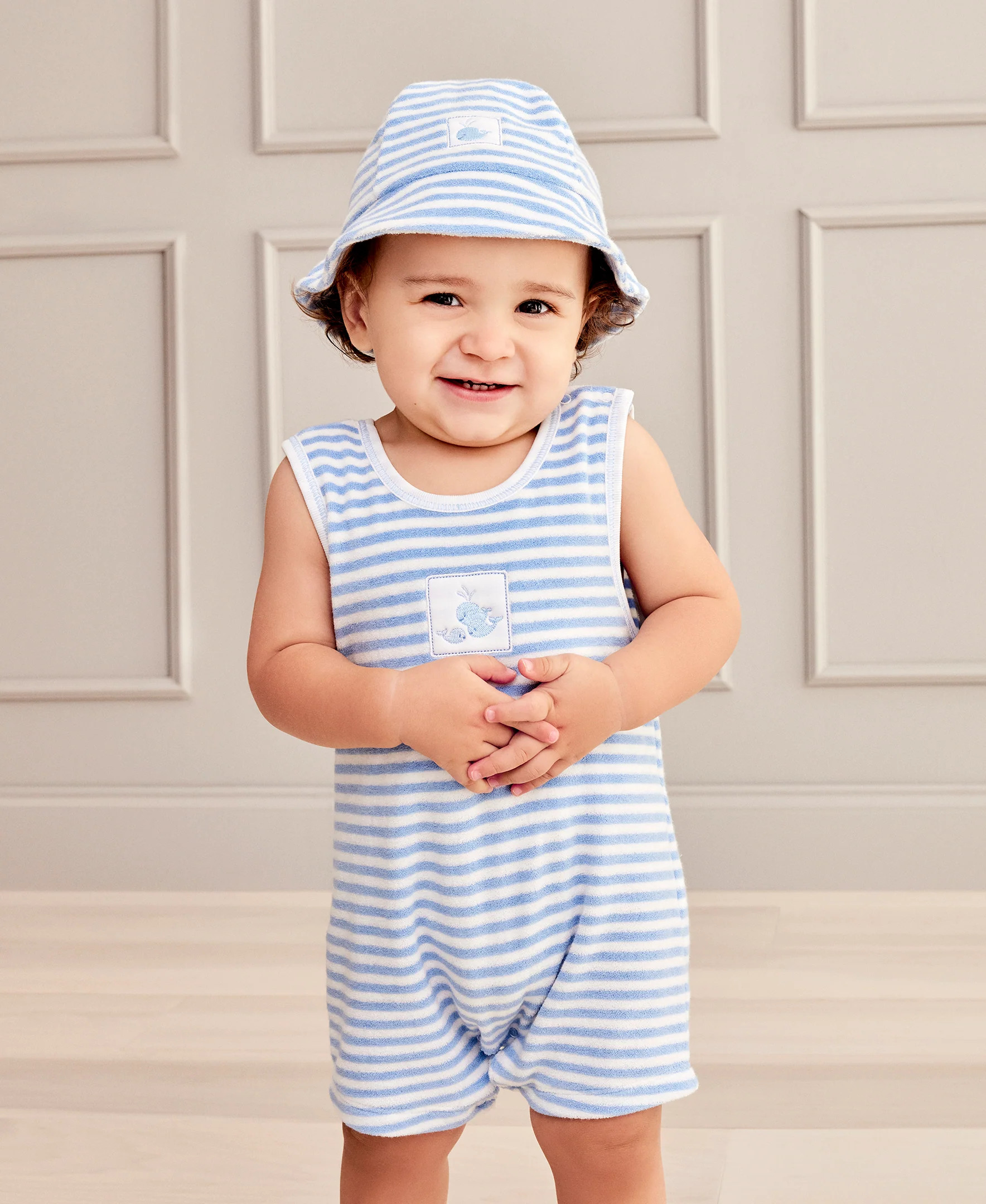 Whale Wonder Blue Stripe Terry Sleeveless Playsuit | Kissy Kissy