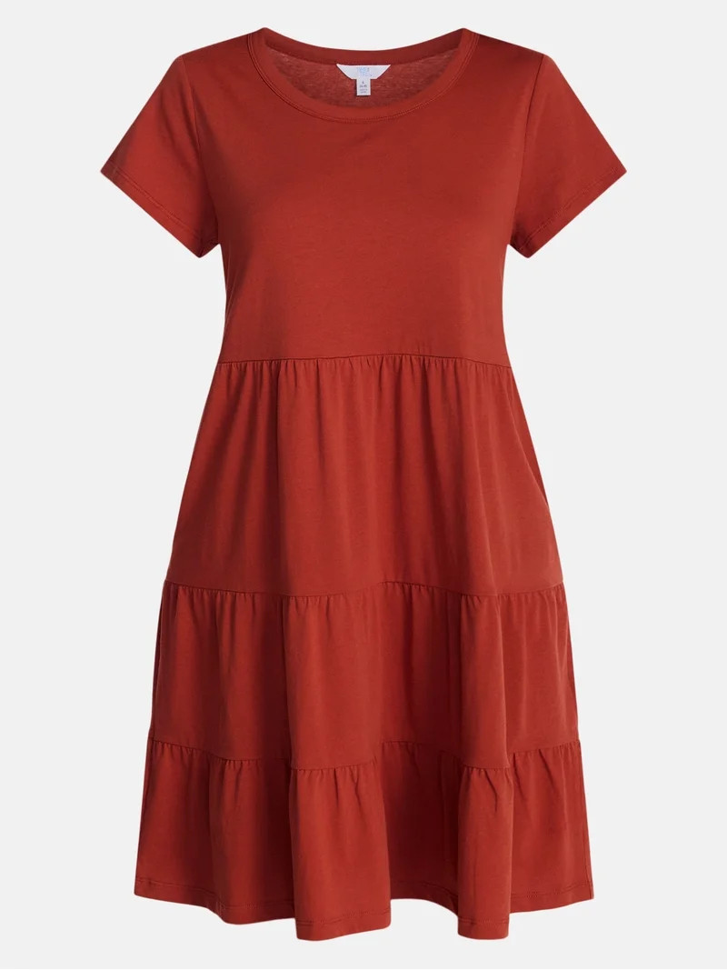 Time and Tru Women's and Women's Plus Size Tiered Cotton Dress with Short Sleeves, Sizes XS-4X | Walmart (US)