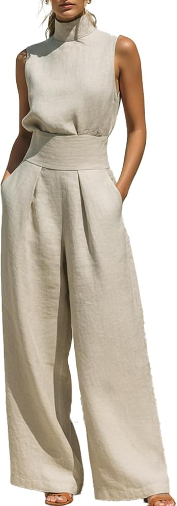 Women's Khaki Cotton and Linen Blend Sleeveless Blouse and Wide-Leg Pants Set Minimalist Daily Tr... | Amazon (US)