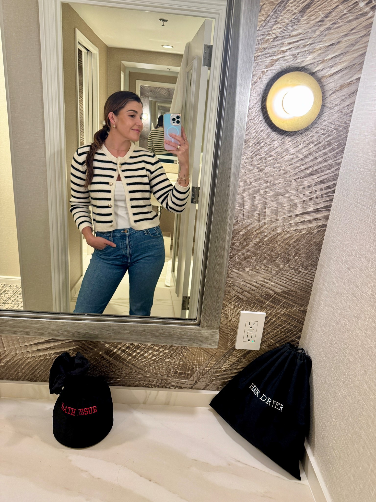 onsite remix 

striped cardigan clean mother denim suede nude mules 