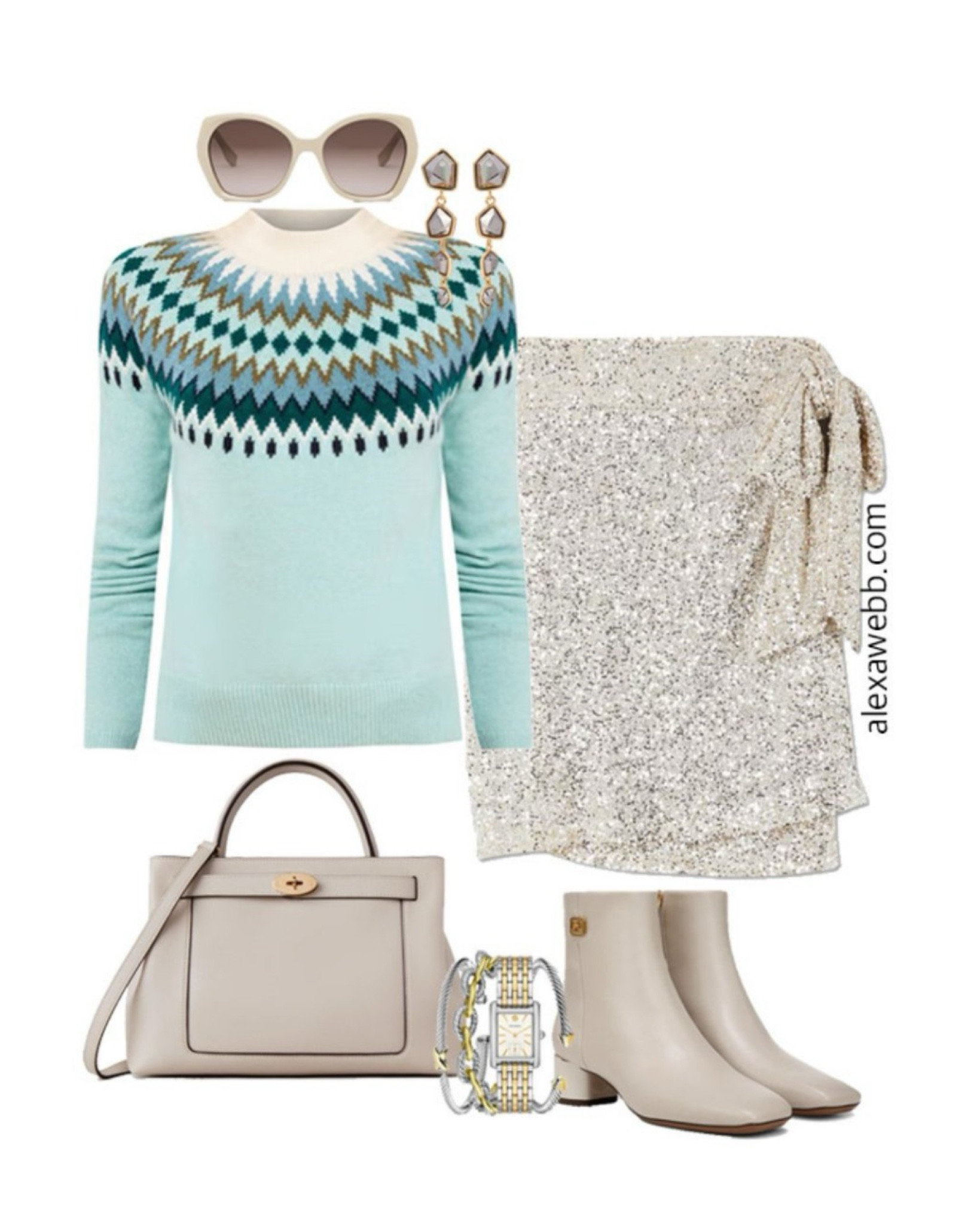 Plus Size Teal Fair Isle Sweater Outfits - The perfect look for a holiday party! A plus size Fair Isle sweater is paired with a silver sequin skirt, grey ankle booties and a satchel bag. Alexa Webb #plussize

#LTKSeasonal #LTKStyleTip #LTKPlusSize